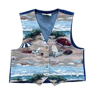 Vtg 90s On The Verge Tapestry Denim Vest Beach Scene Tropical Ptp:20.75” L:20.5”
